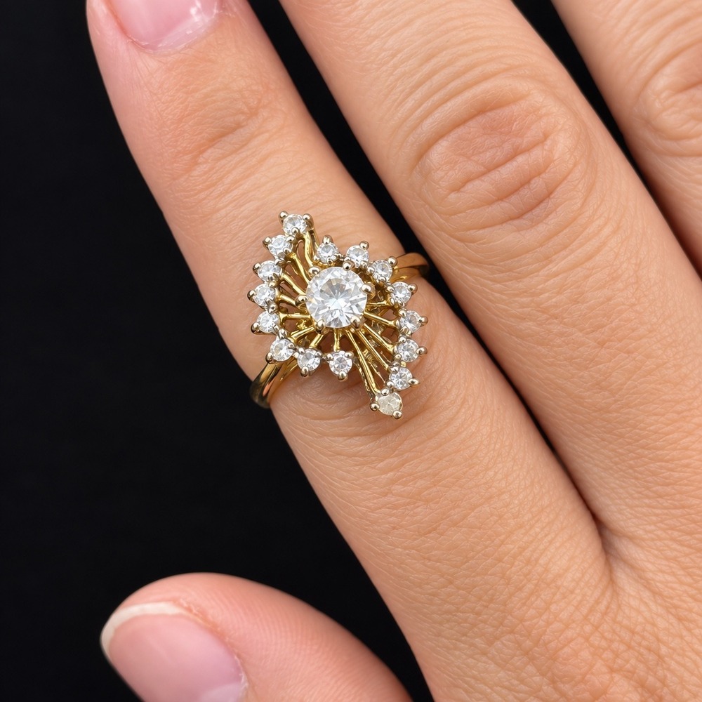 Vintage 18KGE Gold Electroplate Rhinestone Starburst Cluster Cocktail Ring Sz 6